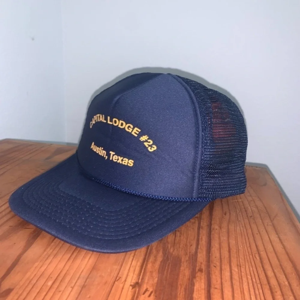Vintage Capital Lodge 23 Austin TX Trucker Hat Navy Gold ATX